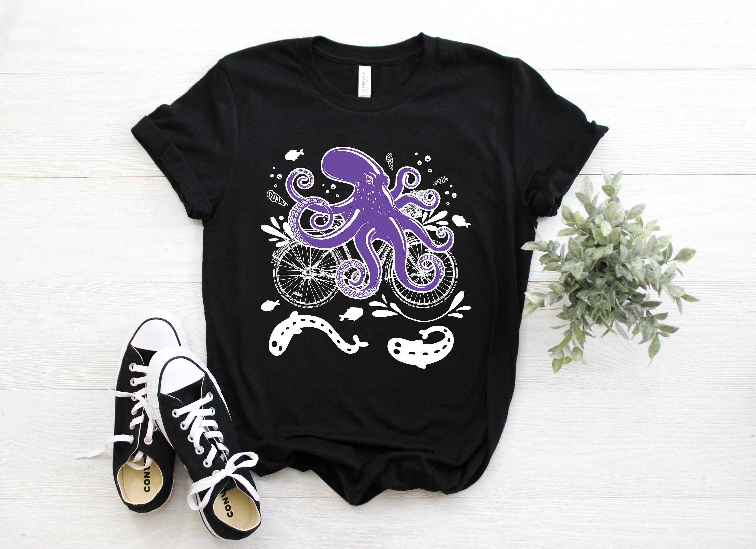 Cool Octopus Riding A Bike T Shirt Funny Biking Lover Kraken Tentacles Crop Sea Monster Bicycle Party Present