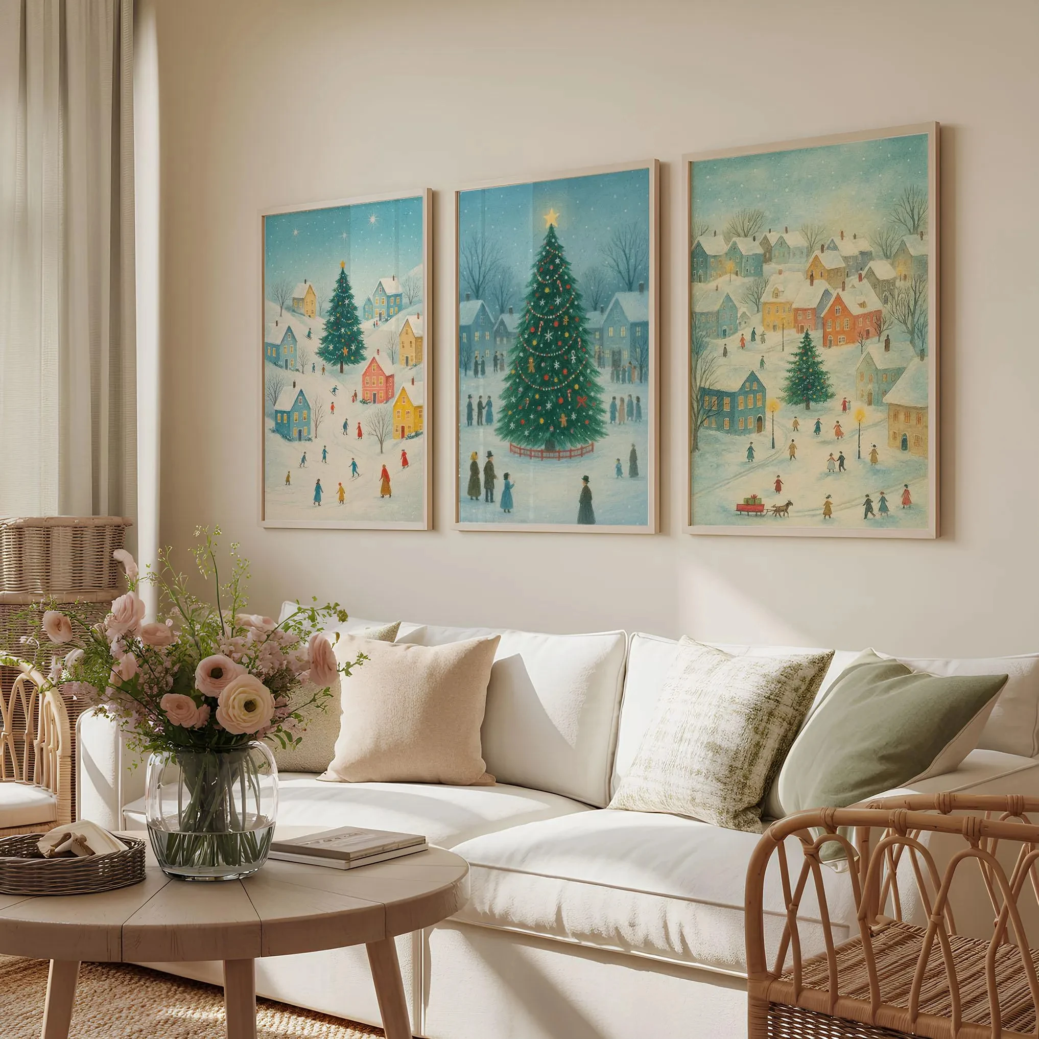 3PCS  Frameless,Set of 3 Christmas Posters, Retro Christmas Village Prints, Cozy Winter Holiday Wall Art, Home Decor, Christmas