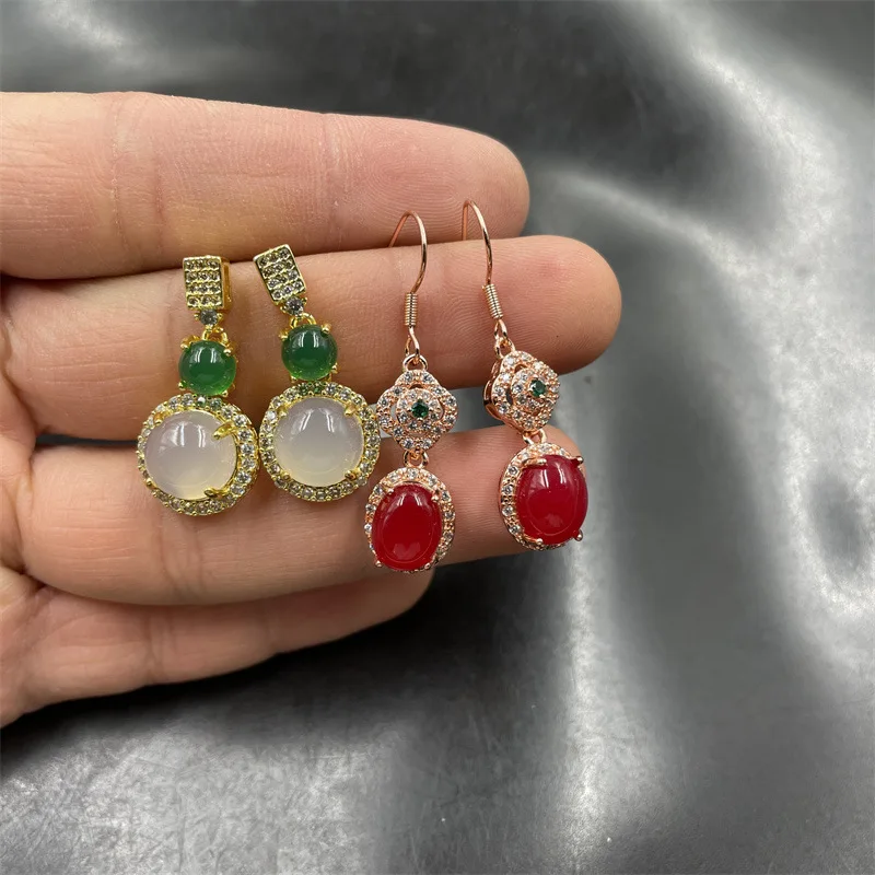 Cheap Jade Inlaid White Chalcedony Agate round Ear Pin Women's Red Agate Egg-Shaped Earrings Earrings