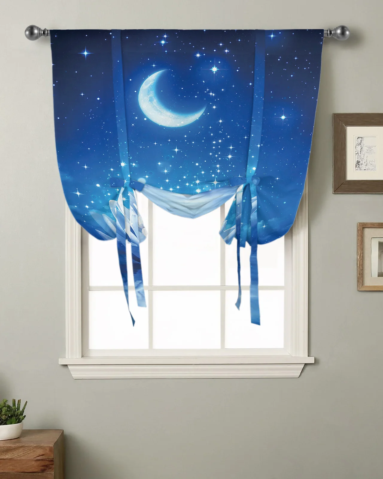 Blue Moonlight Lotus Moon Kitchen Short Window Curtain Rod Pocket Curtains Home Decor Bedroom Small Window Roman Tie Up Curtains