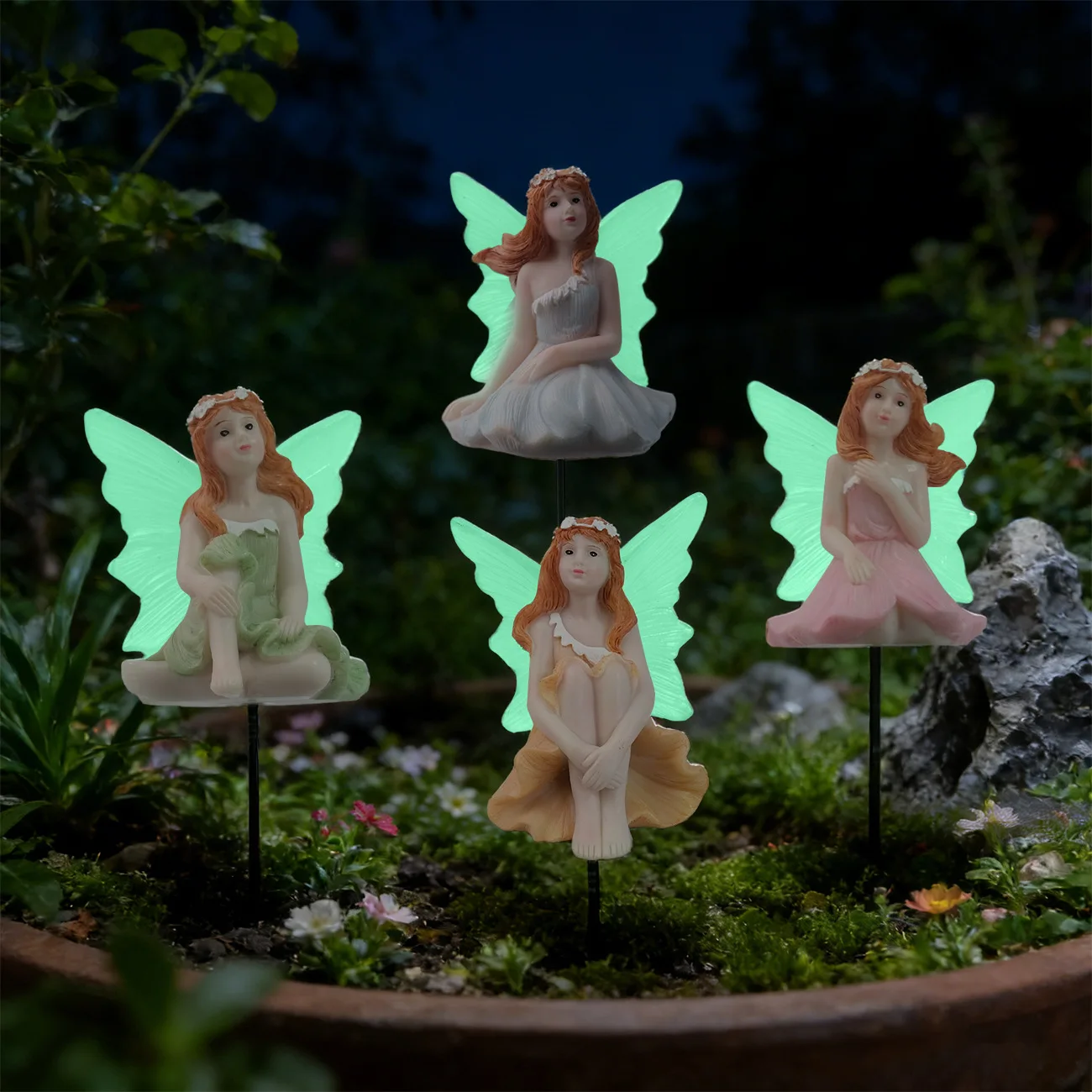 Luminous set, four flower fairies, resin handicrafts, ornaments, figures, statues, potted plants, micro-landscape inserts