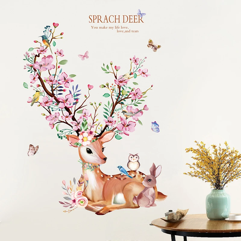 Deer Animal Wall Stickers DIY Flowers Plants Wall Decals for Kids Rooms Baby Bedroom Kindergarten Nursery Home Decoration