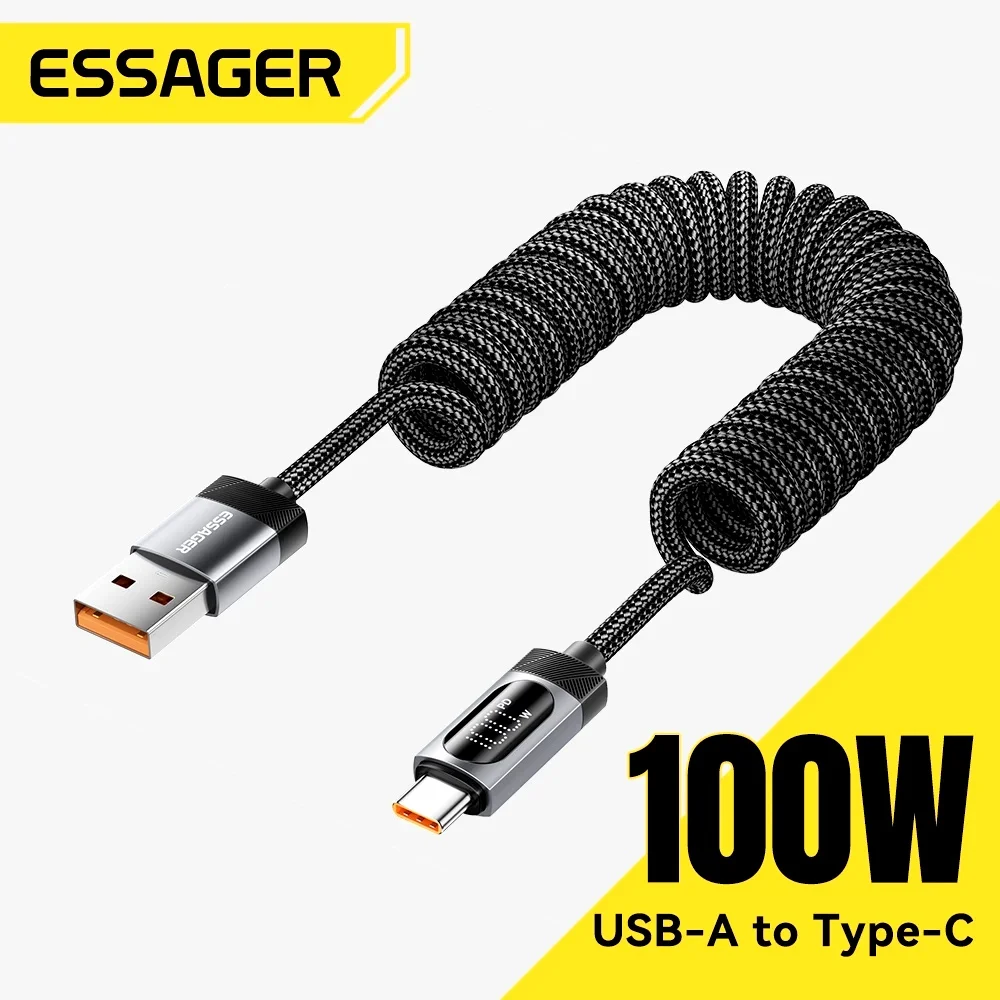 Essager 100W Car Spring Type C Cable Fast Charging for iPhone 17/16/15 pro Xiaomi Samsung MacBook iPad - Durable Charging Cable