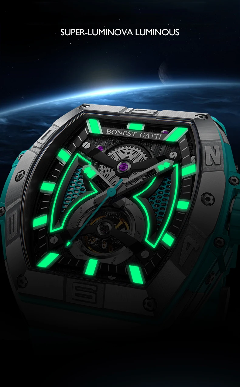 BONEST GATTI Men Automatic Watch Luxury Tonneau Mechanical Wristwatch Fashion Waterproof Sapphire Luminous Fluororubber Strap