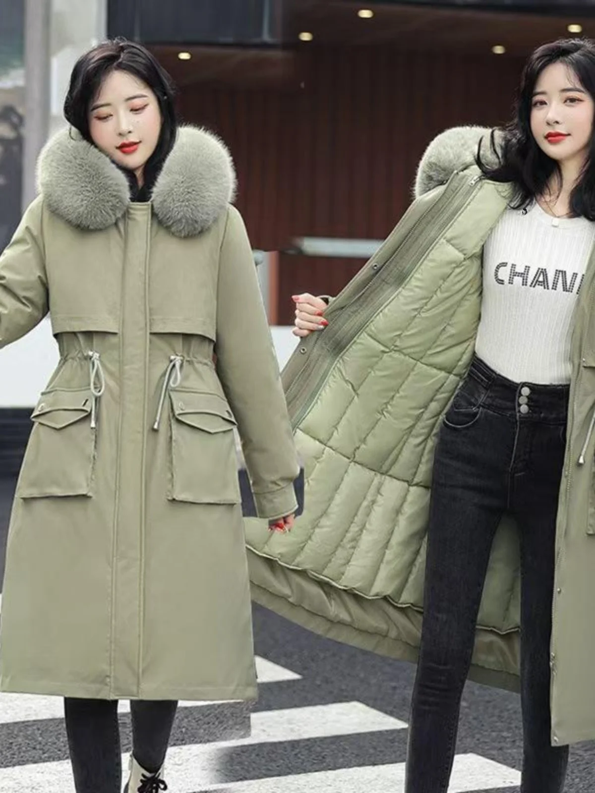 

Women's Detachable Inner Liner Thiened Cotton Jaet Waist-Cinching Mid-Length Winter New Sle Ladies Cotton Coat Outerwear