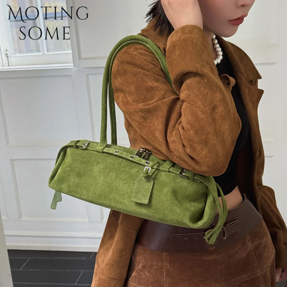 

Motingsome Luxury Designer Bags Suede Genuine Grade Women Satchel Retro French Bread Shape Messenger Tote 2025 New in Handbag