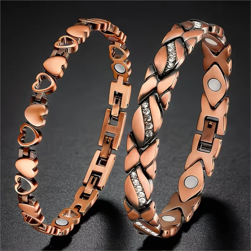 Pulseras Magnéticas de Cobre Vintage para Mujeres y Hombres, Elegante Brazalete con Diseño de Hoja y Corazón, Regalos de Joyería para Fiestas
