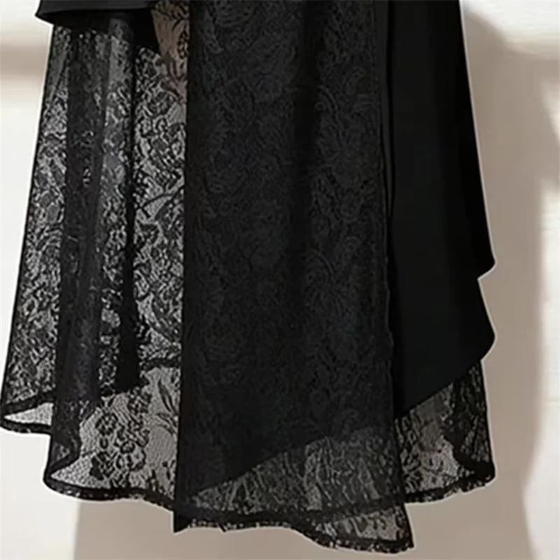 

Women Fashion Spring Summer Skirt Office Lady One Step Skirt Black Asymmetrical High Waist Lace Spliced Design A-line Long Skirt