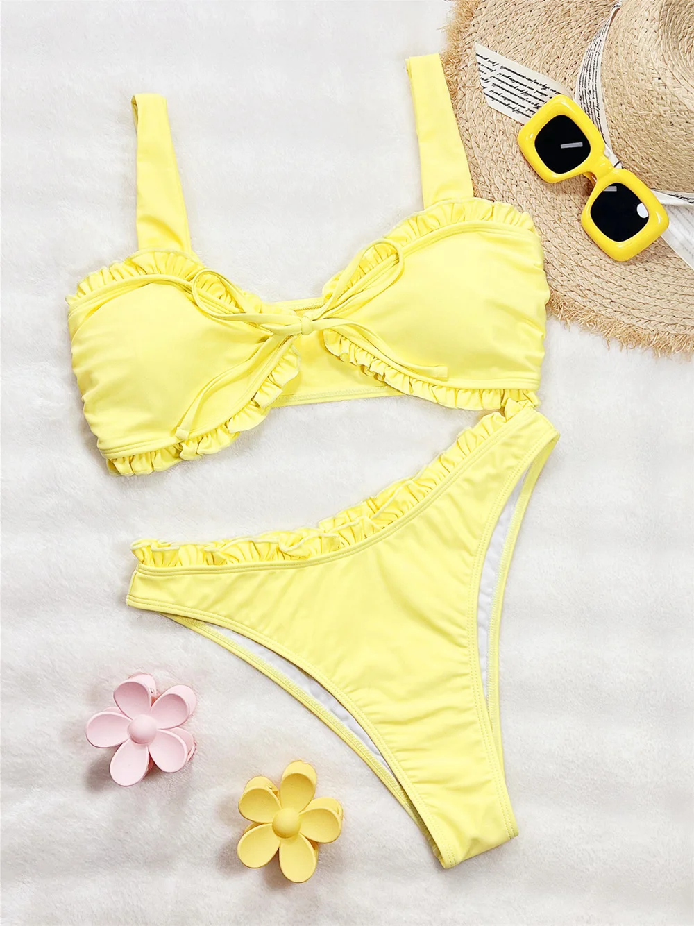 

Sexy Ruched Border Bikini Front Lace Up Swimsuit Yellow Bikinis Set Women Kawaii Y2K Swimwear Beach Outfit Bathing Swimming Suit