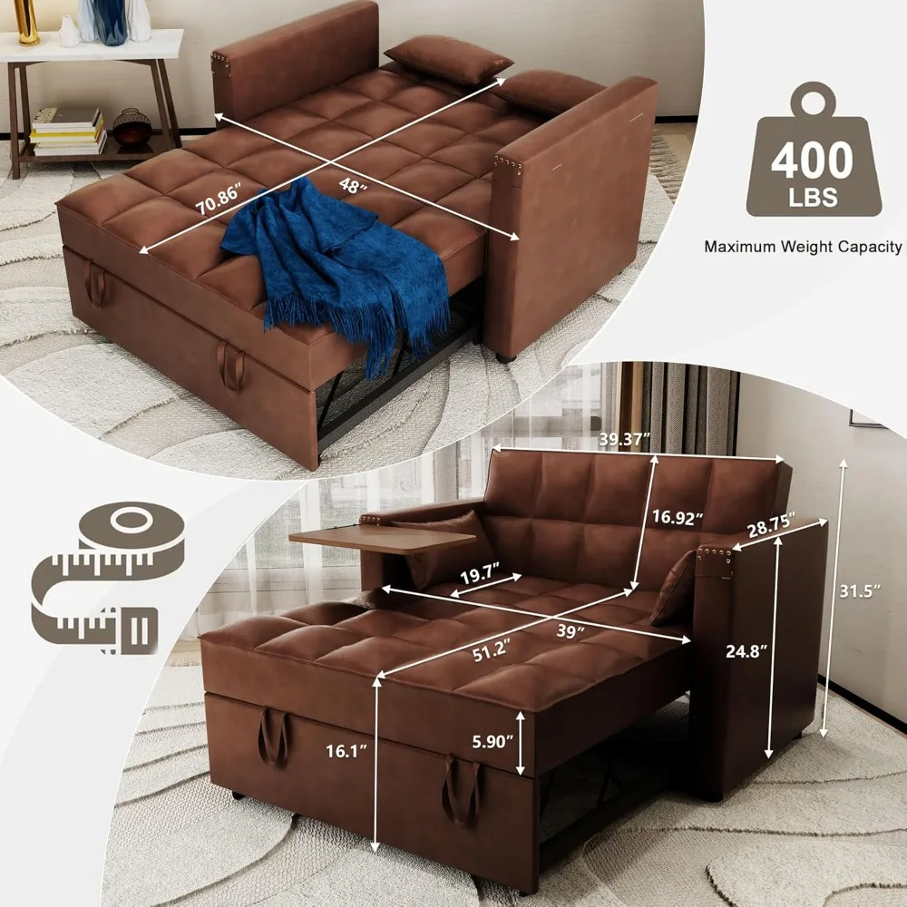 Convertible Sofa Bed, 3-in-1 Multi-Functional Faux Leather Sleeper Couch Pull-Out Bed, with Adjustable Backrest, 48'' Sofa  Bed