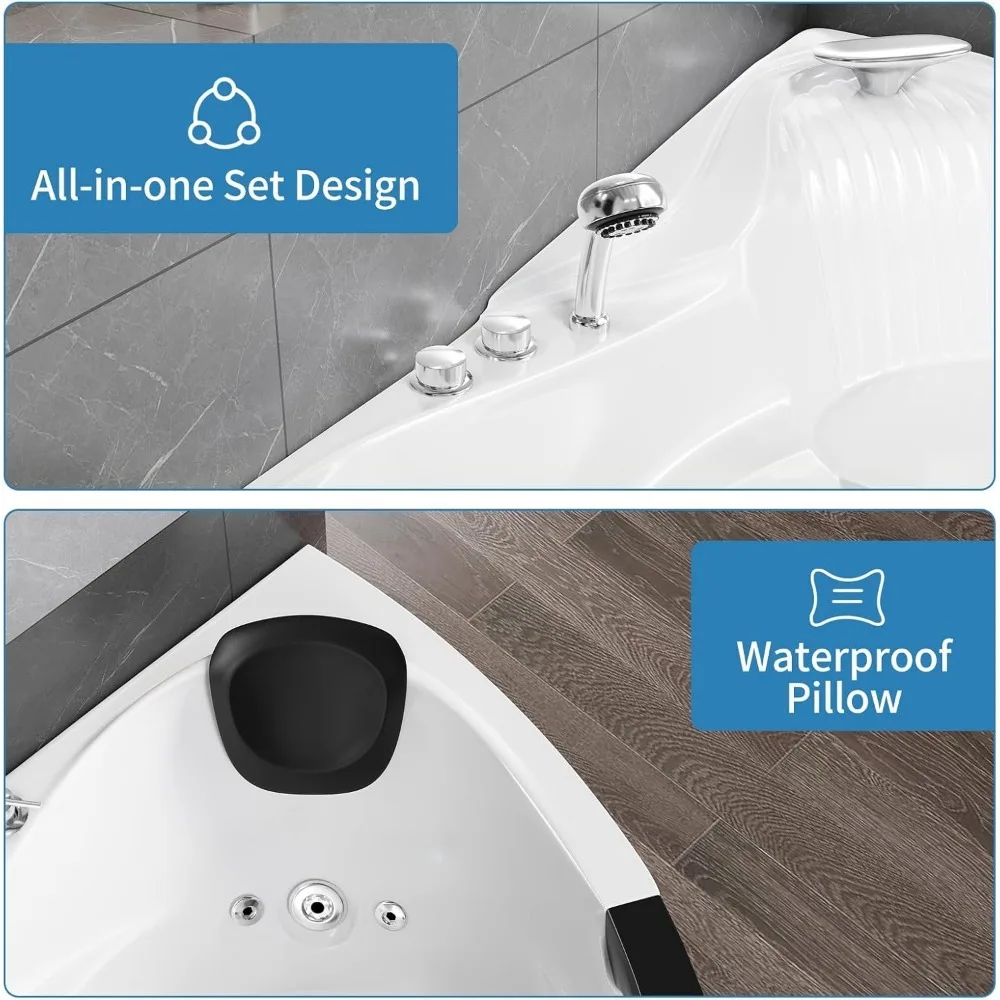 Whirlpool Bathtub, Corner Back to Wall Freestanding Whirlpool Tub, Therapy Hydro-Massage Soaking Tub with Double Pillow Jets Tub