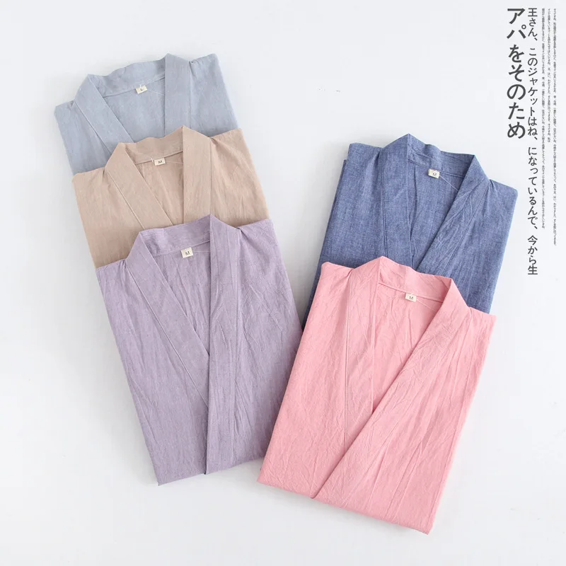 New Water-washed Cotton Thin Pure Color Pajama Set V-Neck Spring Sleepwear Men and Women Japanese Lovers Kimono Home Clothes