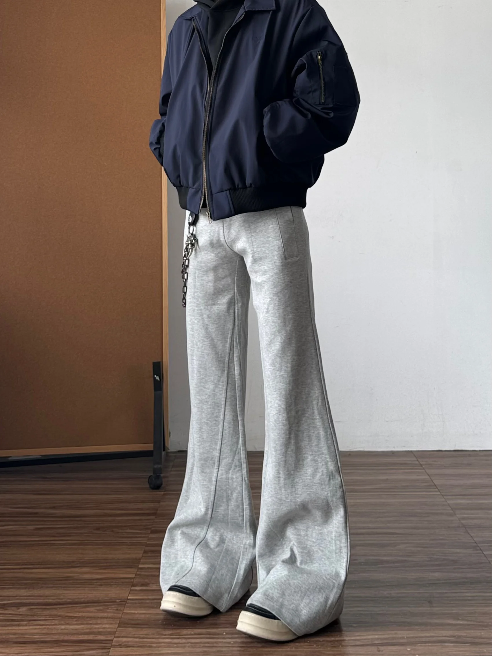 American Retro Grey Flared Men's Sweatpants Autumn Winter Loose Straight Leg Pants Sport Casual Long Trousers
