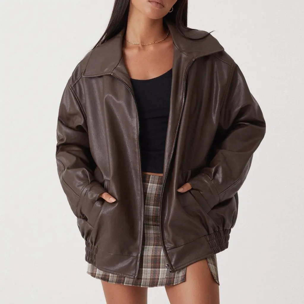 Damen-Lederjacke im Biker-Stil, europäisches und amerikanisches Design, Revers-Reißverschluss, PU-Lederoberteil mit elastischem Saum