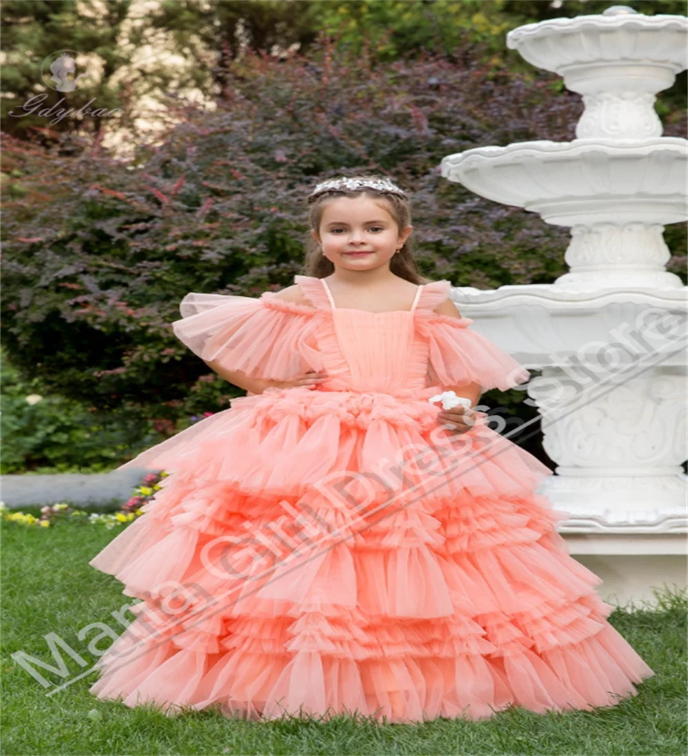 女の子用オフショルダーフラワーガールドレス、ふわふわエレガントなイブニングウェディングドレス、子供の最初の誕生日パーティーイベント写真撮影用