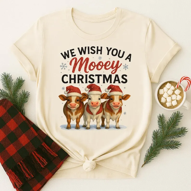Mooey عيد الميلاد عطلة تي شيرت أكواب وفن قابل للطباعة جميل ثلاثة الأبقار الرسوم المتحركة نمط قصيرة الأكمام الجمالية الشارع الشهير تيز