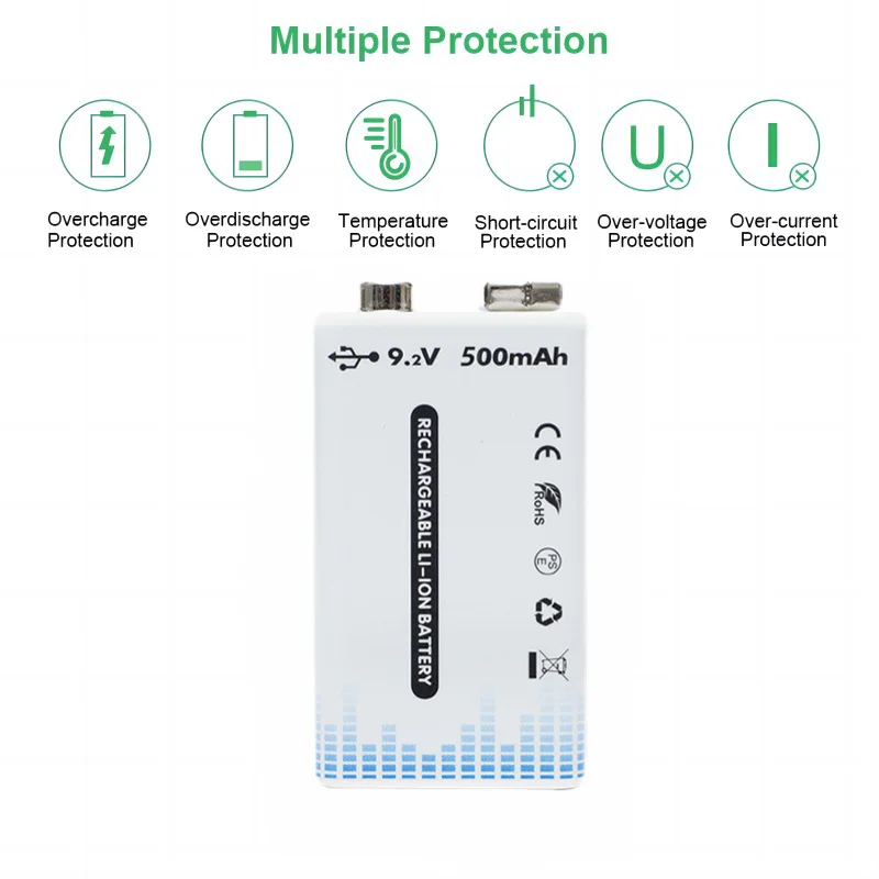 9V Rechargeable Battery 500mAh USB TYPE-C 6F22 Li-ion Lithium Batteries for Multimeter Microphone Walkie Talkie Remote Control