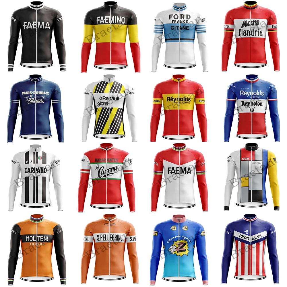 Winter Fleece Multi Styles Men Retro Cycling Jersey Long Sleeves Riding Bike Top Paris Roubaix Brooklyn Ford Faema Molteni