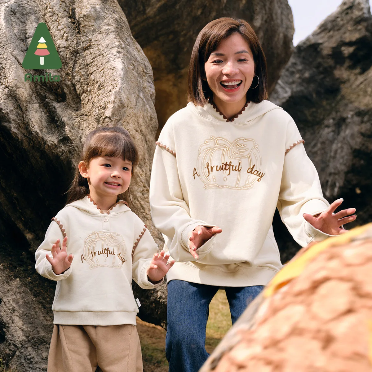 Amila Mother And Daughter Sweatshirt 2024 Autumn New Color Contrast Hooded Cotton Soft  Warm Loose Casual Parent-Child Wear