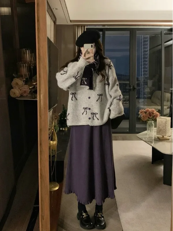 

plus Size Autumn Winter New Design Knot Sweater Coat Lace Knitted Half Skirt Two Piece Set Korean Style High Waist ...