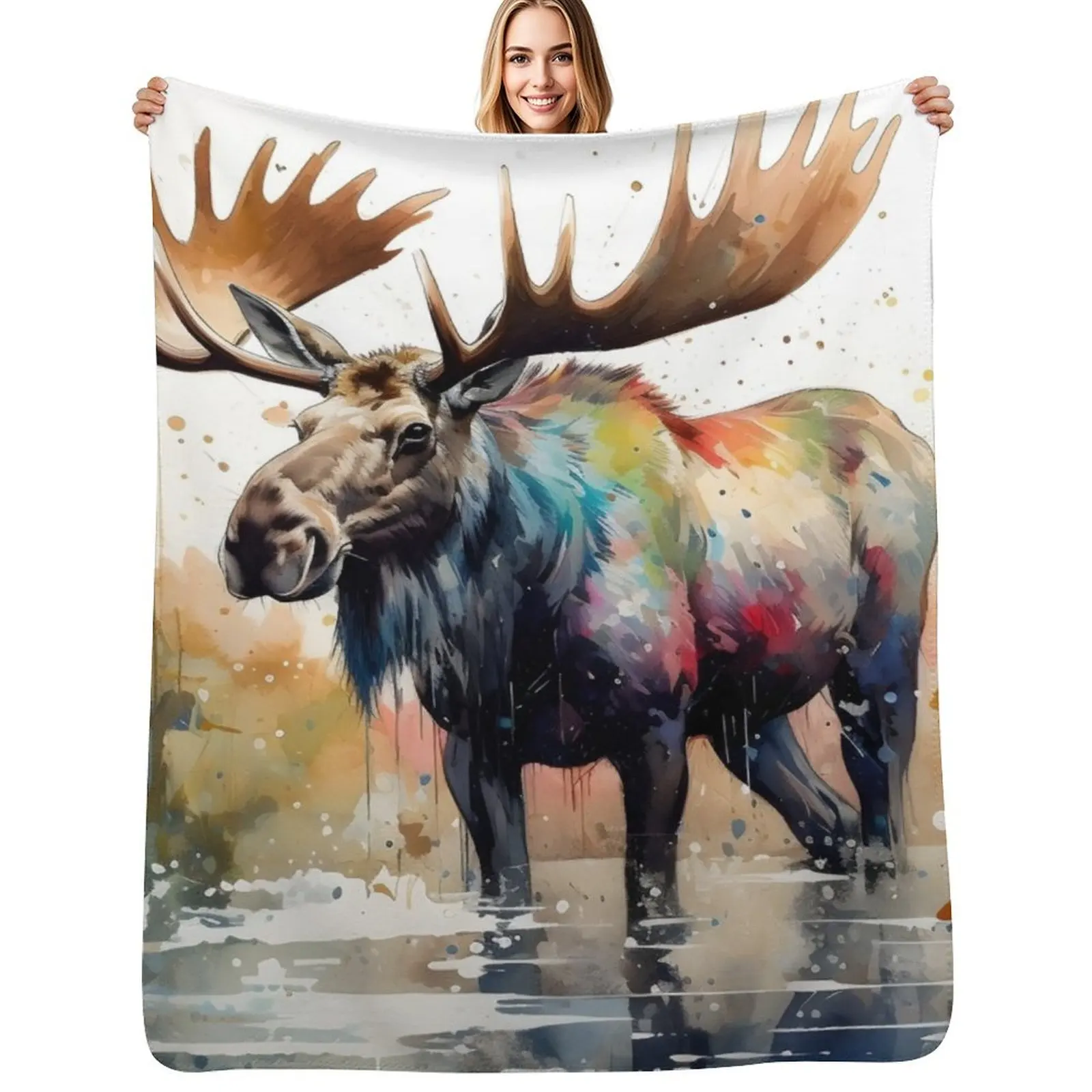 Watercolor Moose Serenity Throw Blanket Multi Use Warm Blanket for Living Room Bedroom