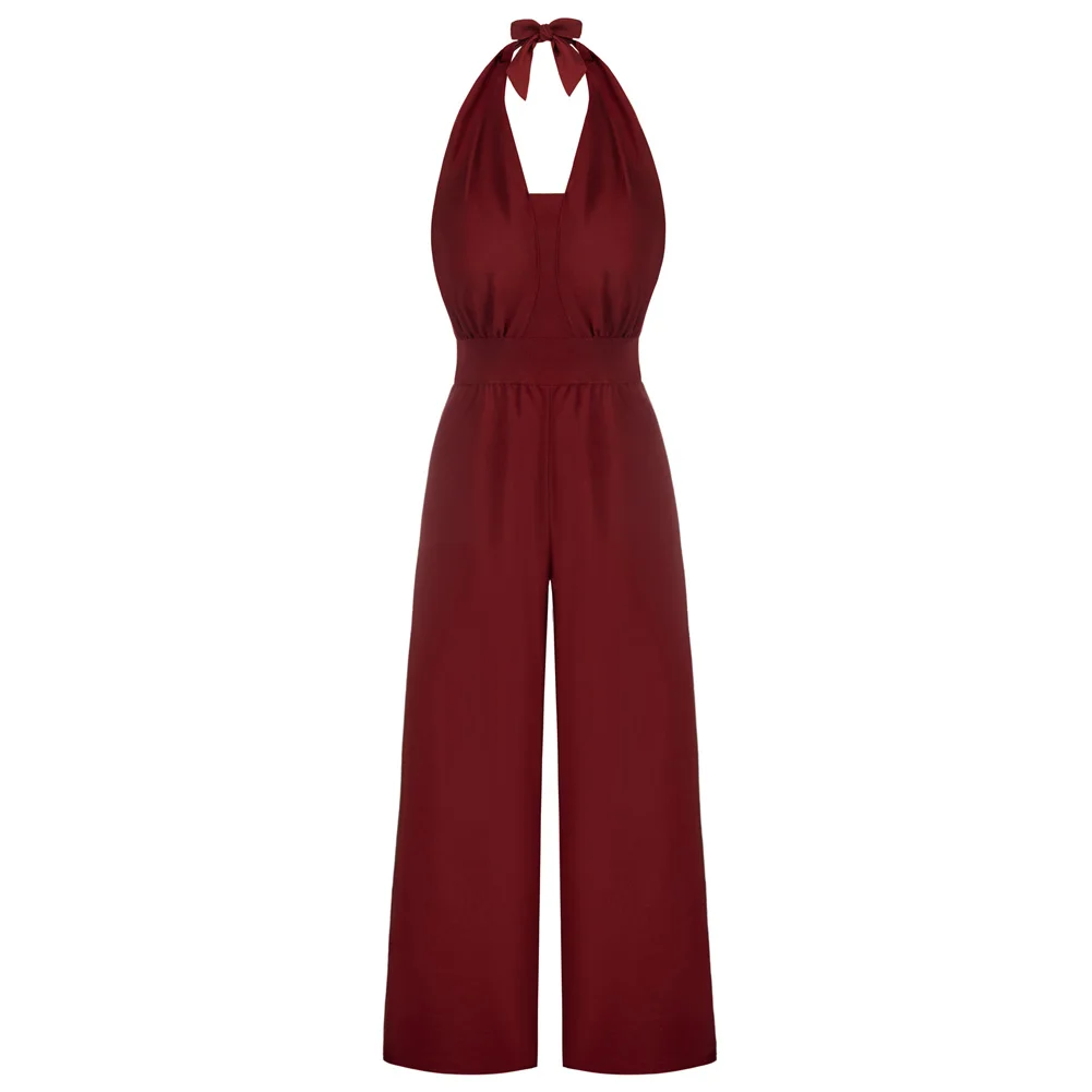 

Belle Poque Women Halter Jumpsuits High Waisted Wide Leg Jumpsuits With Pockets 2023 Office Lady Backless Workwear A30