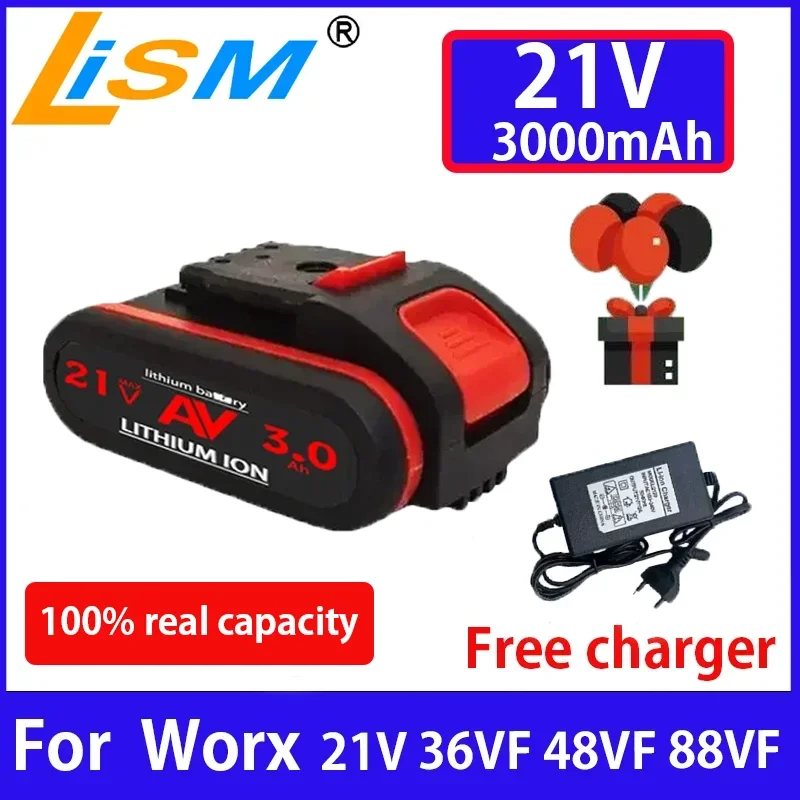 21V 3000mAh Rechargeable Lithium Ion Battery For Worx 21V 36VF 48VF 88VF Cordless Screwdriver Power drills Replacement Batter