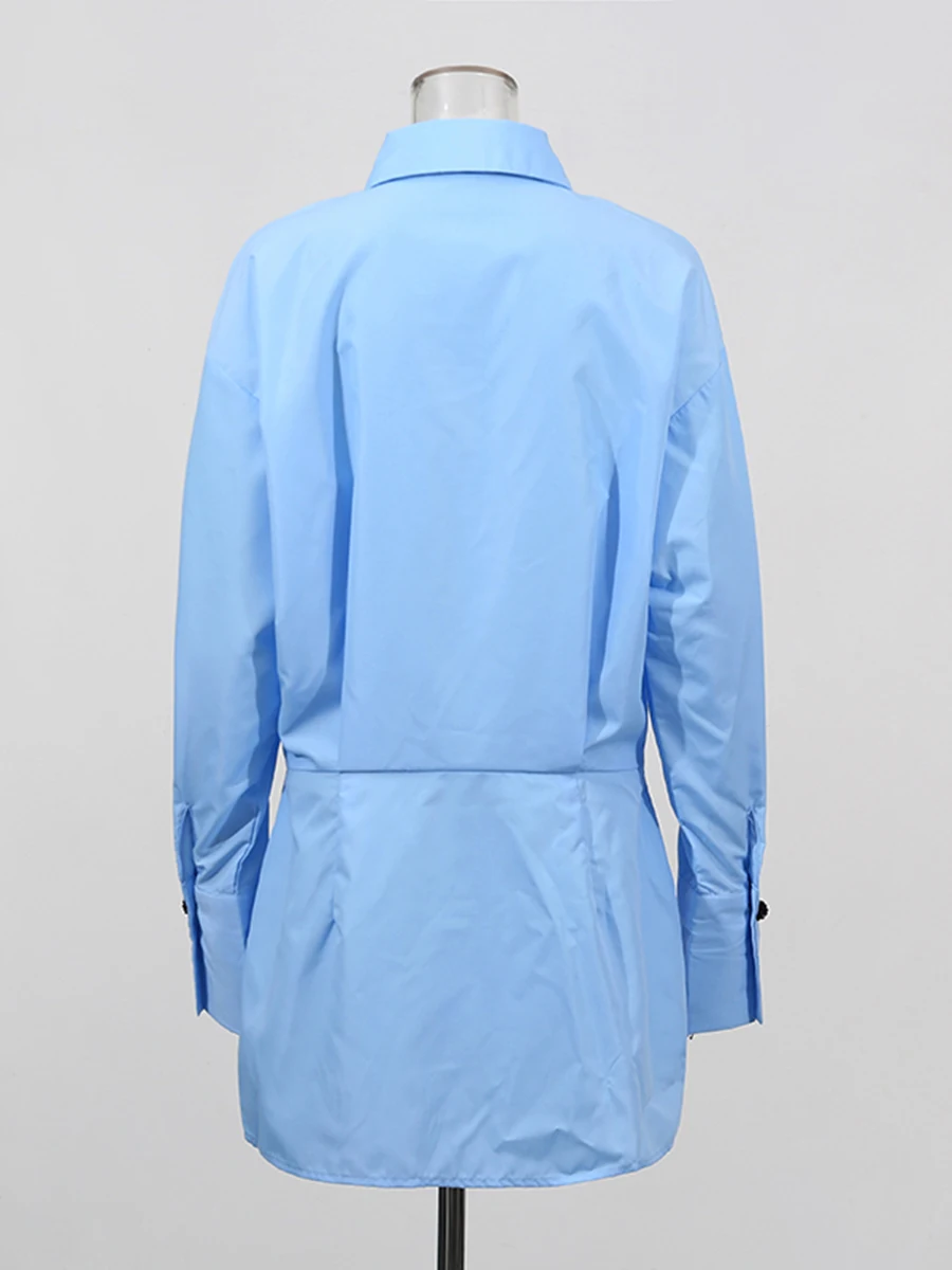 CHICEVER Camicia da donna con temperamento di colore blu Abito con risvolto Manica lunga Bottoni impiombati Casual Versatile Abiti corti Donna Nuovo