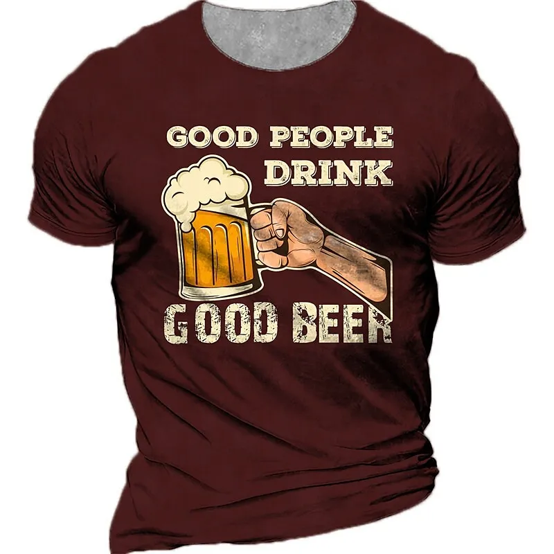 Summer Fashion Men Retro Beer graphic t shirts Europe and America Trend Personality Vintage Printed Round Neck Short Sleeve Tees