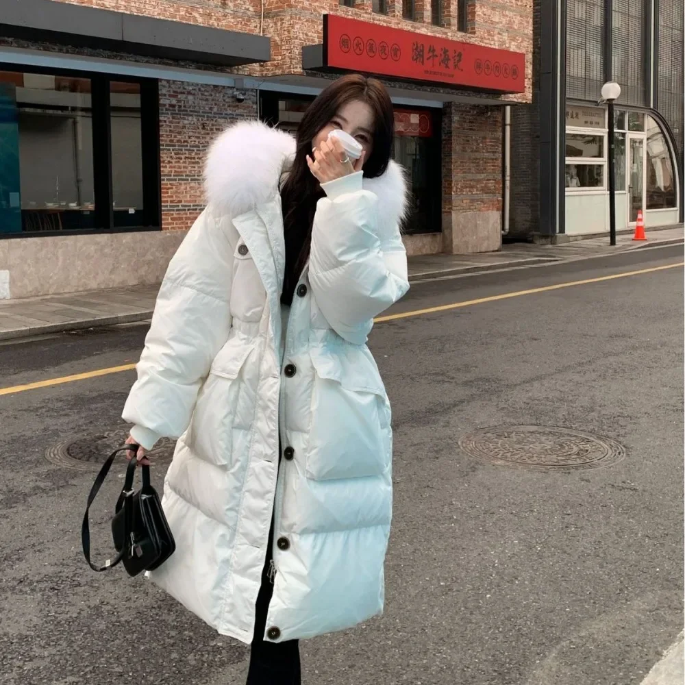 Fur Jacket Female Feather Waterproof Winter Long Puffer Jacket 2024 Fashion Real Raccoon Fur Hooded White Duck Down Jacket Women