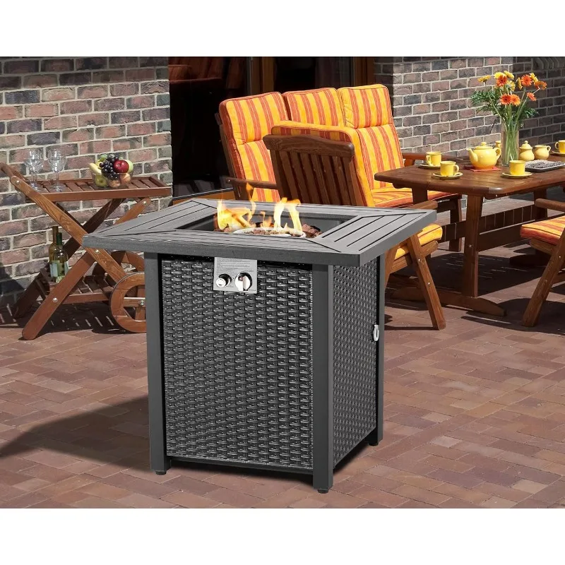 Propane Fire Pit Table 28-inch 40,000 BTU Imitation Wicker Square Glass Top Fire Table, Rain Cover Gas Smokeless Fire Pit