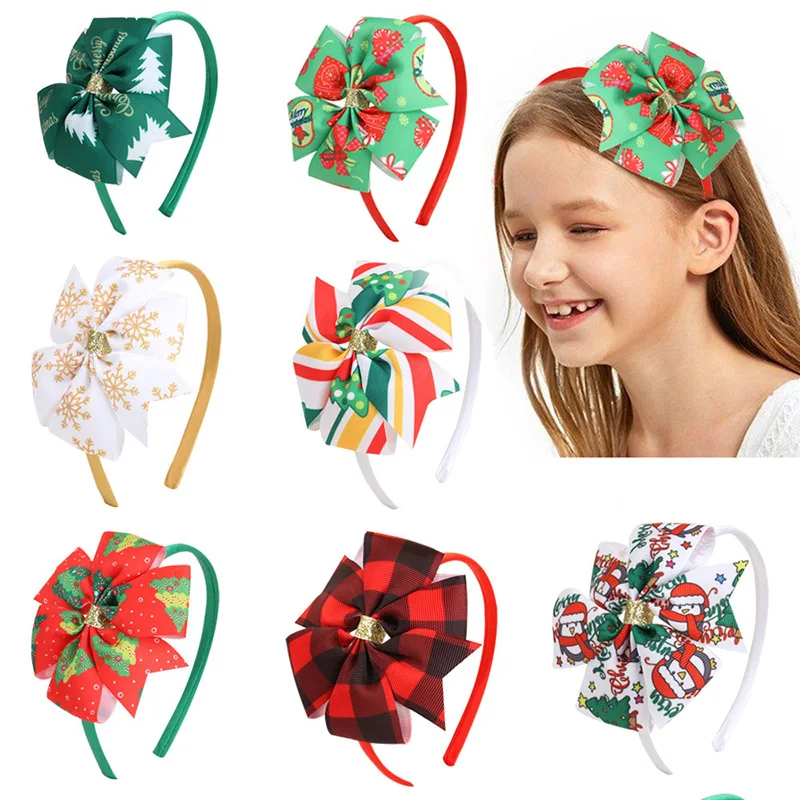 

ncmama Christmas Bows Headband For Baby Girls Cute Christmas Snowflake Xmas Tree Festival Prints Bowknot Hairband Kids Headwear