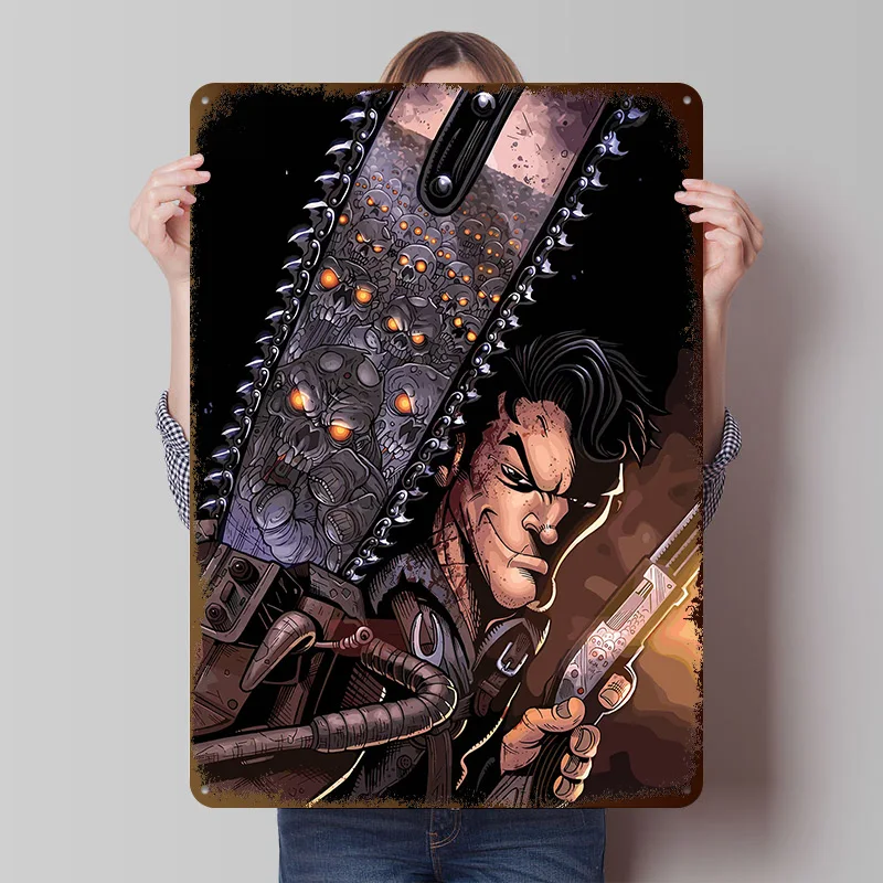 Ash Williams With Chainsaw and Shotgun Poster Customized Vintage Metal Signs Wall Art Retro Tin Plaque for Gaming Decoration