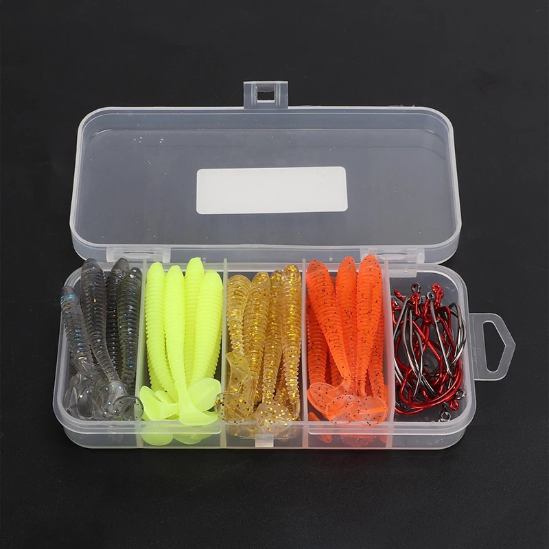 60pcs Outdoor Fishing T-Tail Road Runner Soft Bait Crank Hook Combo Set Fake Bait Set Fishing Gear Set