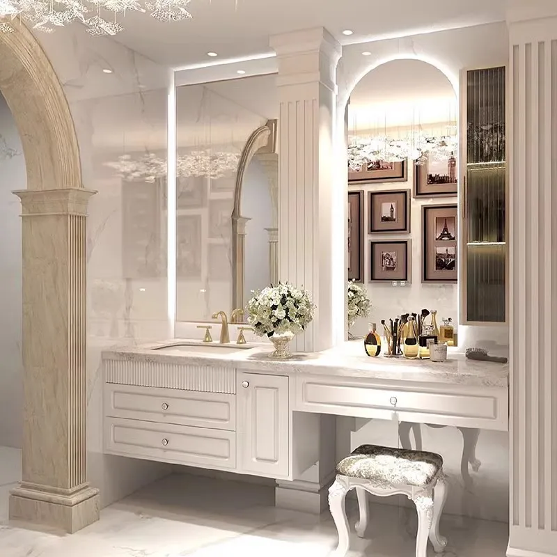 Tocador de losa de roca americana, mueble de baño integrado, combinación de crema, viento, roble, lavabo de mano, baño