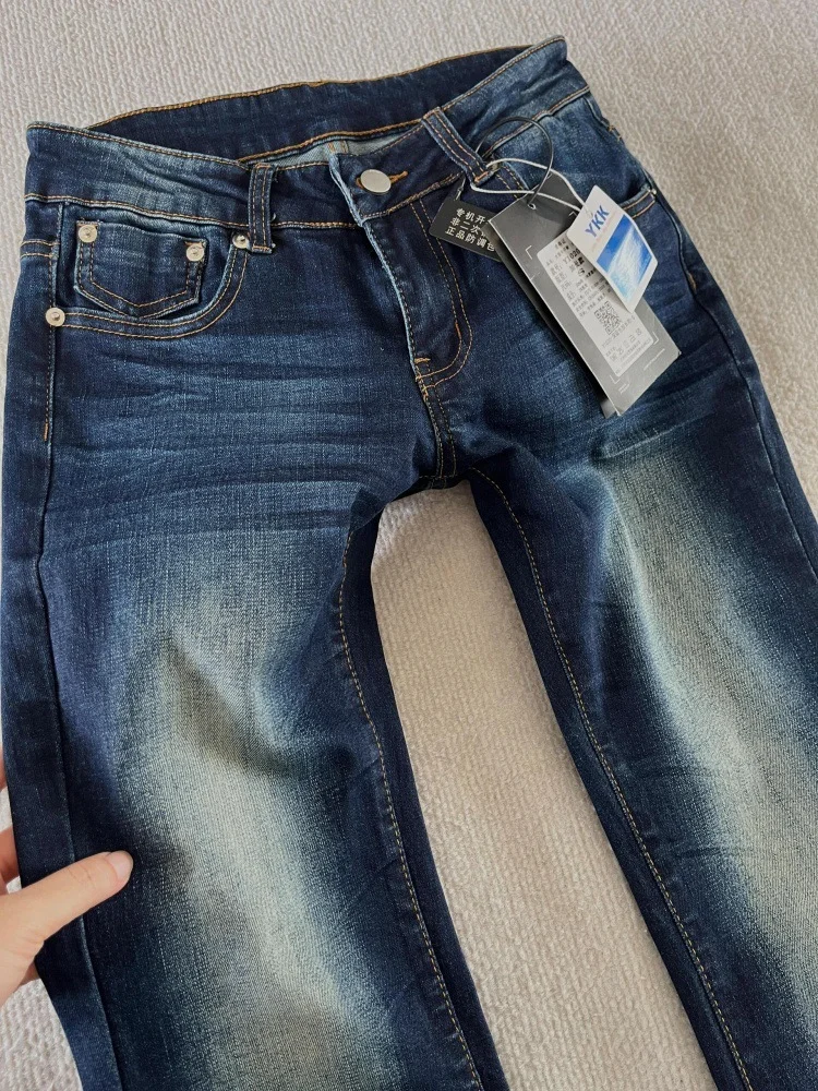 النمط الأمريكي الرجعية غسلها الدينيم الجينز تنوعا منخفضة الخصر متوهج قليلا السراويل النساء الخريف جديد مطاطا حار الفتيات السراويل