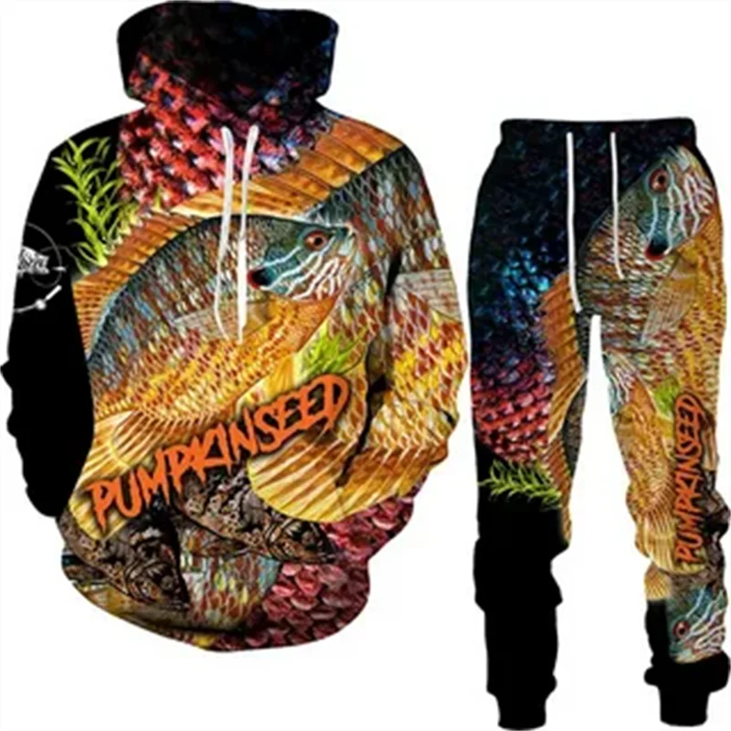 New Vintage Animal Fish Hoodie set Men Tracksuit 3D Printed Casual Sweatshirt pants Set Comfortable Streetwear Oversize Clothing