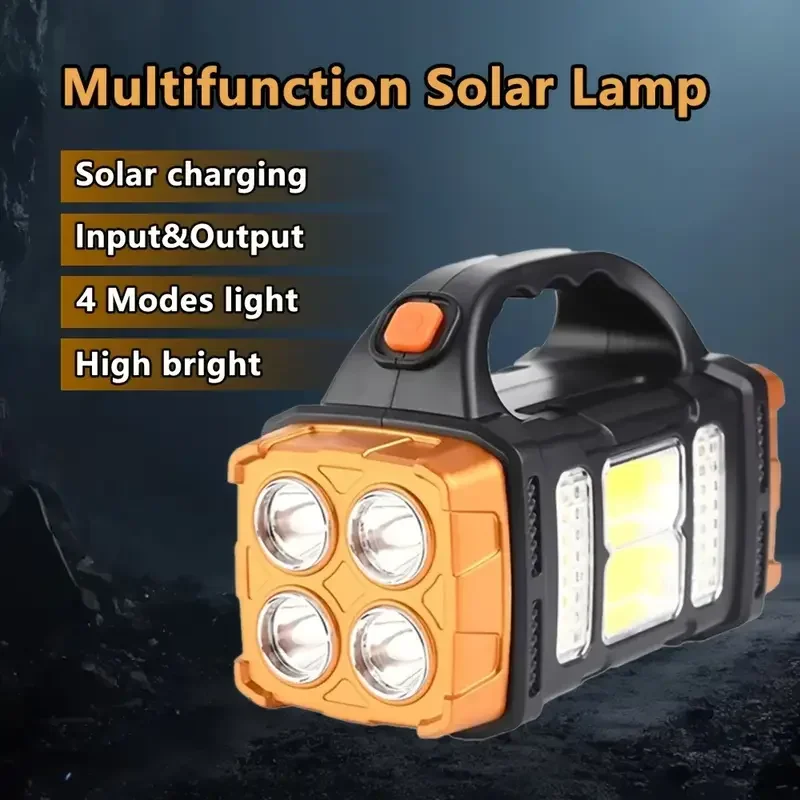 LED Flashlight USB+Solar Rechargeable Flashlight COB Outdoor Camping Torch Portable Searchlight Power Bank for Fishing Outdoor