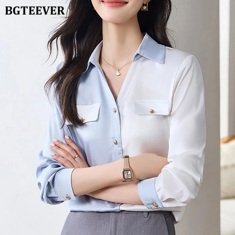 

BGTEEVER Chic Vintage Ladies Patchwork Blouses Tops Autumn Fashion Lapel Full Sleeve Loose Female Single-breasted Shirts