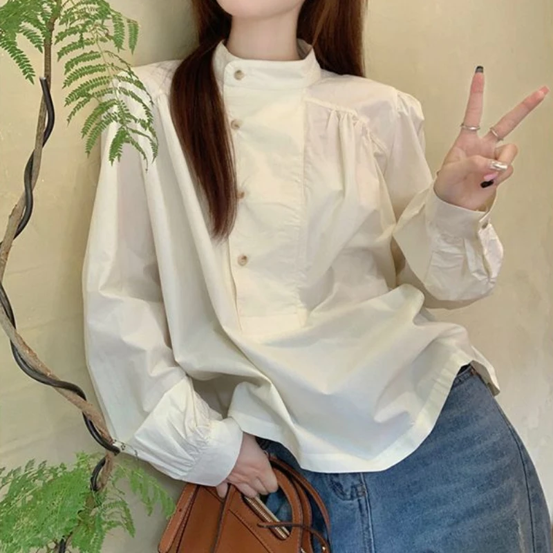 Long Sleeve Shirts Women French Vintage Solid Stand Collar Button-up Baggy Casual Tops Autumn New Pleated High Quality All-match