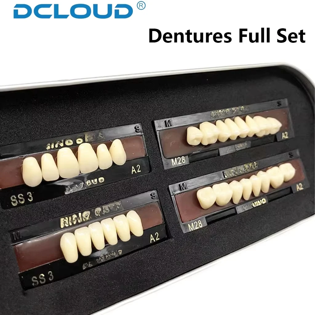 DCLOUD 28Pcs/Box Dental Resin Dentures Full Set False Teeth Full Mouth Dentures Upper Lower L/M/S Plastic Steels Tooth A2 A3