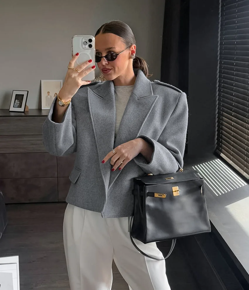 2025 Misto lana Colletto con risvolto Blazer Donna Spalla bassa Oversize 2025 Autunno Chic Cappotto corto Moda Elegante giacca da donna da ufficio
