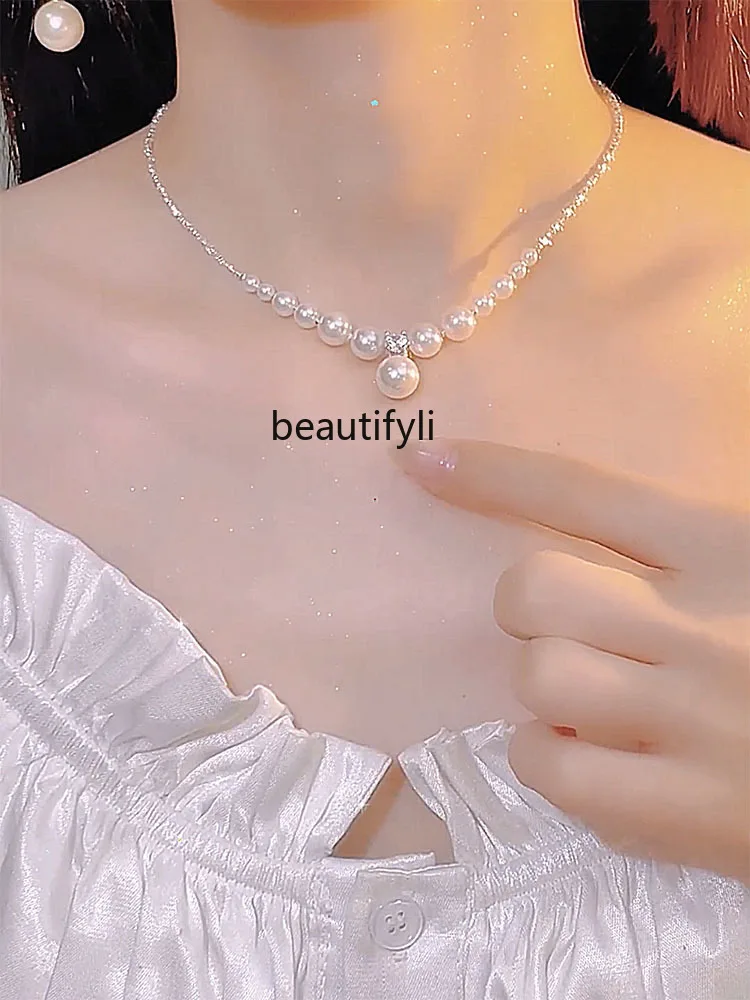 

Summer broken silver pearl necklace women's new light luxury niche high-end strong light pearl collarbone chain accessories