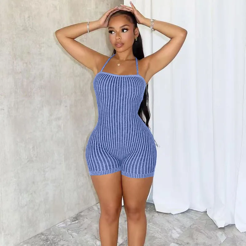 

Striped Knitted Romper Jumpsuit Woman Playsuit Backless Lace-up Skinny Stretchy Sleeveless Casual One Piece Outfits Overol Mujer