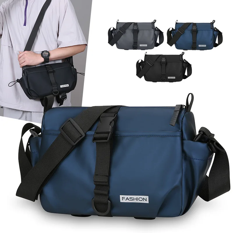 Men Blue Oxford Crossbody Bag Horizontal Shoulder Messenger with Adjustable Buckle Strap Zipper Pocket for Daily Work Travel