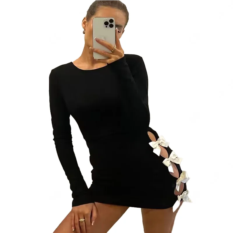 Bow Lace Up Bandage Dress Women Black Sexy Side Slit Slim Dress Female 2023 Fashion Hollow Out High Waist  Mini Dress