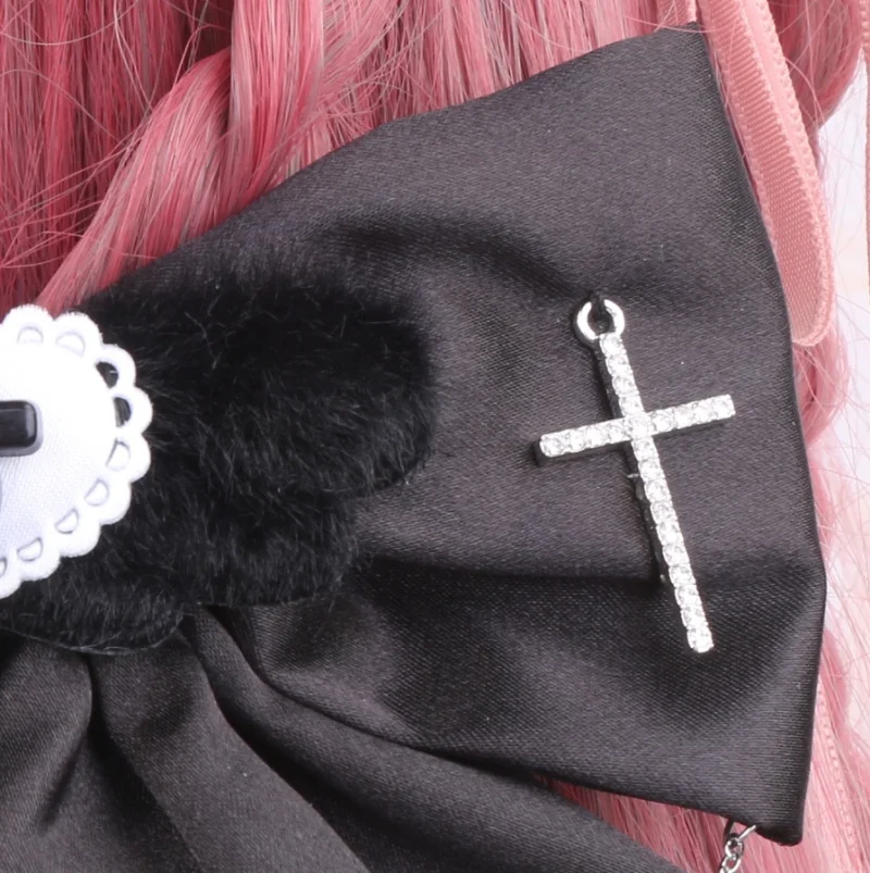 Big Bow Hairpin with Cross Black Sweet Punk Y2K Hair Clip Handmade Bow Lolita Gothic Style Rhinestone with Cool Chain