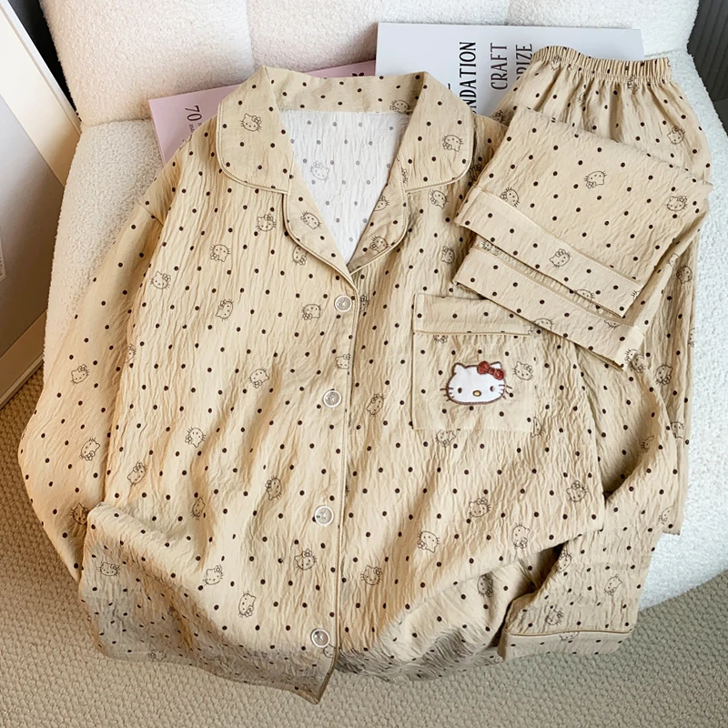 Conjunto de pijamas de Hello Kitty y lunares para mujer Otoño Invierno lindo dibujos animados Top de manga larga y pantalones moda de invierno pijamas de 2 piezas