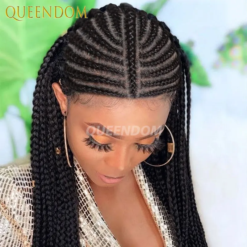 Плетеный парик Cornrow Box 32 дюйма Синтетические полные парики фронта шнурка Племенные косы для африканских женщин Парик Jumbo Braids Faux Locs Braid Wigs