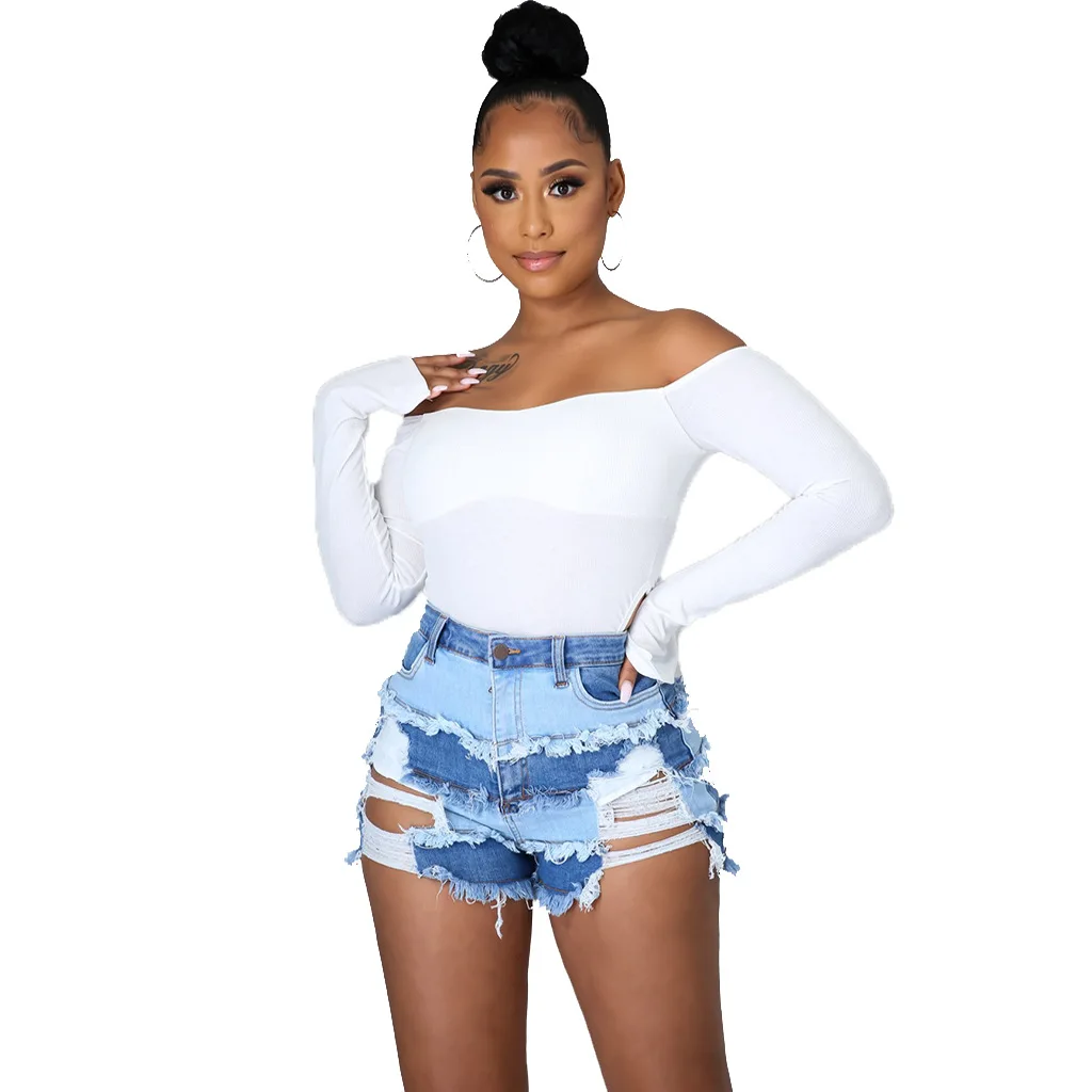 

Fashion Slim Fit Trend Splicing Ripped Stretch Denim Shorts jeans for women